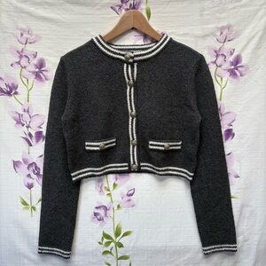 American Eagle Dark Gray White Trim Cropped Crew Neck Cardigan